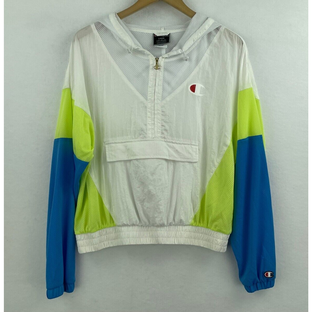 Champion Large Windbreaker Jacket Pullover Hoodie Pocket Color Block A16-04